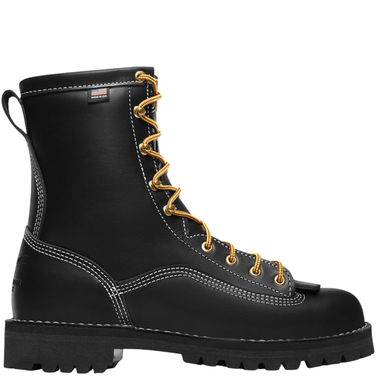 Black leather work boot with yellow-red laces, white stitching, and a thick lug sole, side view