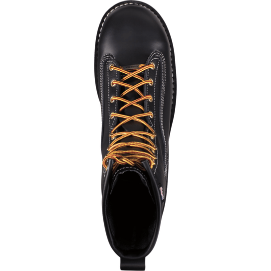 Black leather lace-up work boot with yellow and red laces, white stitching, and a padded collar, viewed from above.