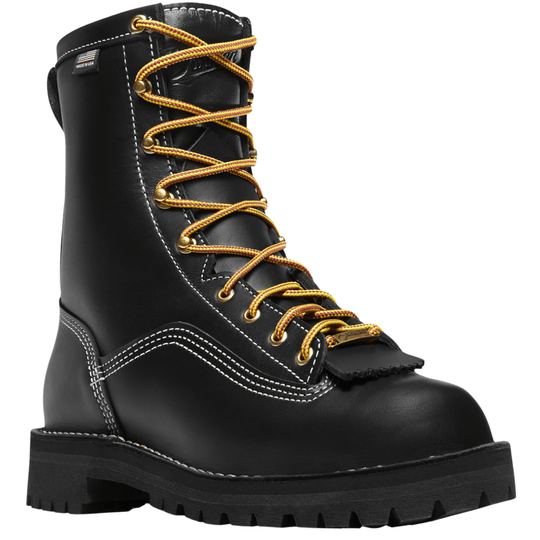 Black lace-up work boot with yellow and red laces, white stitching, and a thick lug sole