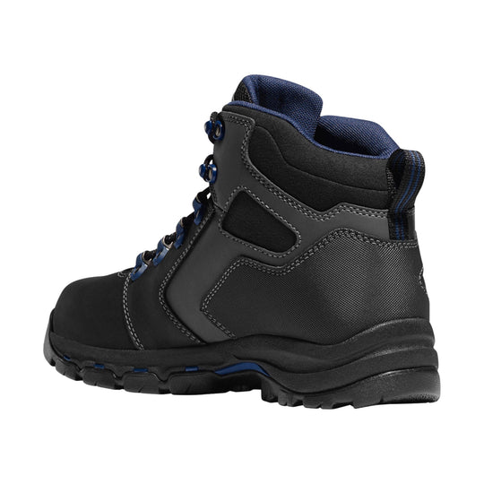 Black mid-height work boot with blue lining, metal eyelets, and rugged treaded sole