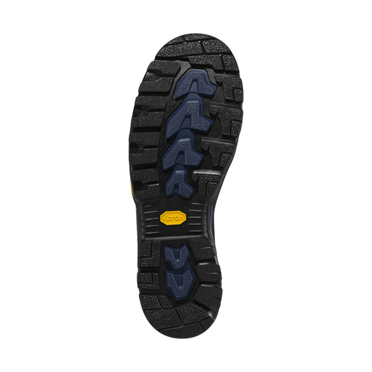 Black boot outsole with deep lug tread and blue center traction inserts
