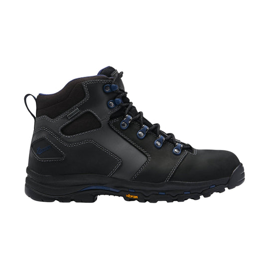 Black mid-top hiking/work boot with blue lace hooks, side cutouts, and rugged lug sole