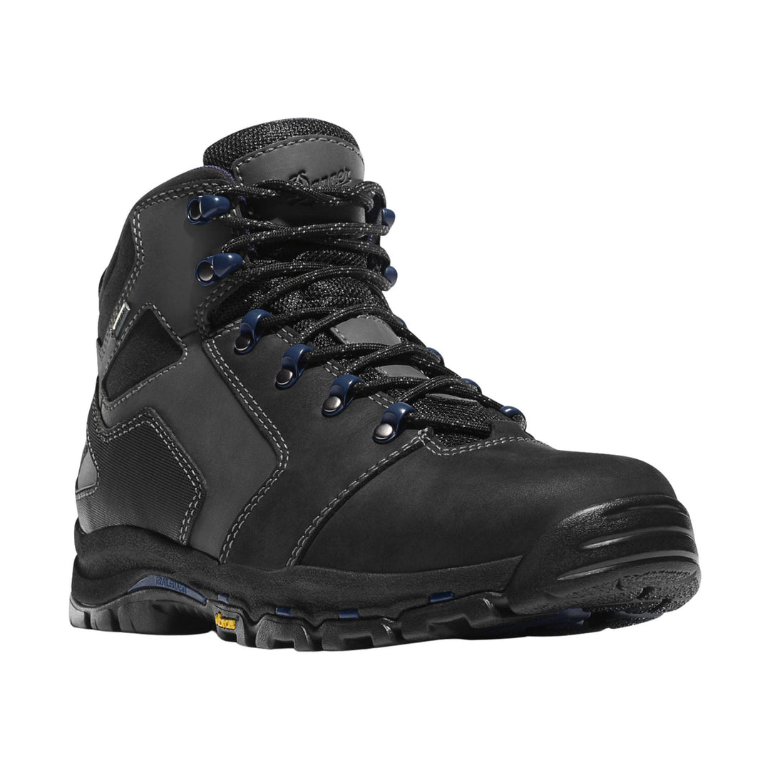 Black lace-up work boot with rugged tread and blue eyelets, shown in side view