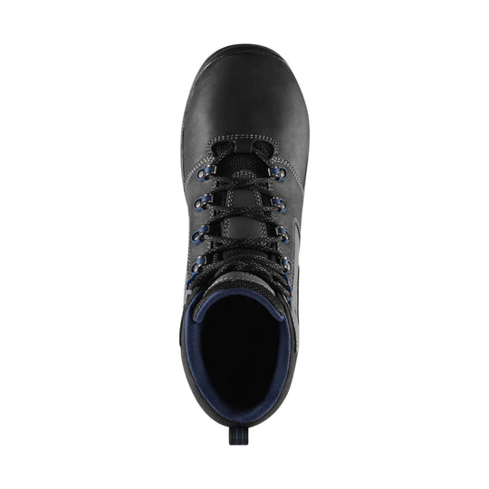 Black lace-up work boot viewed from above with blue lining and metal eyelets