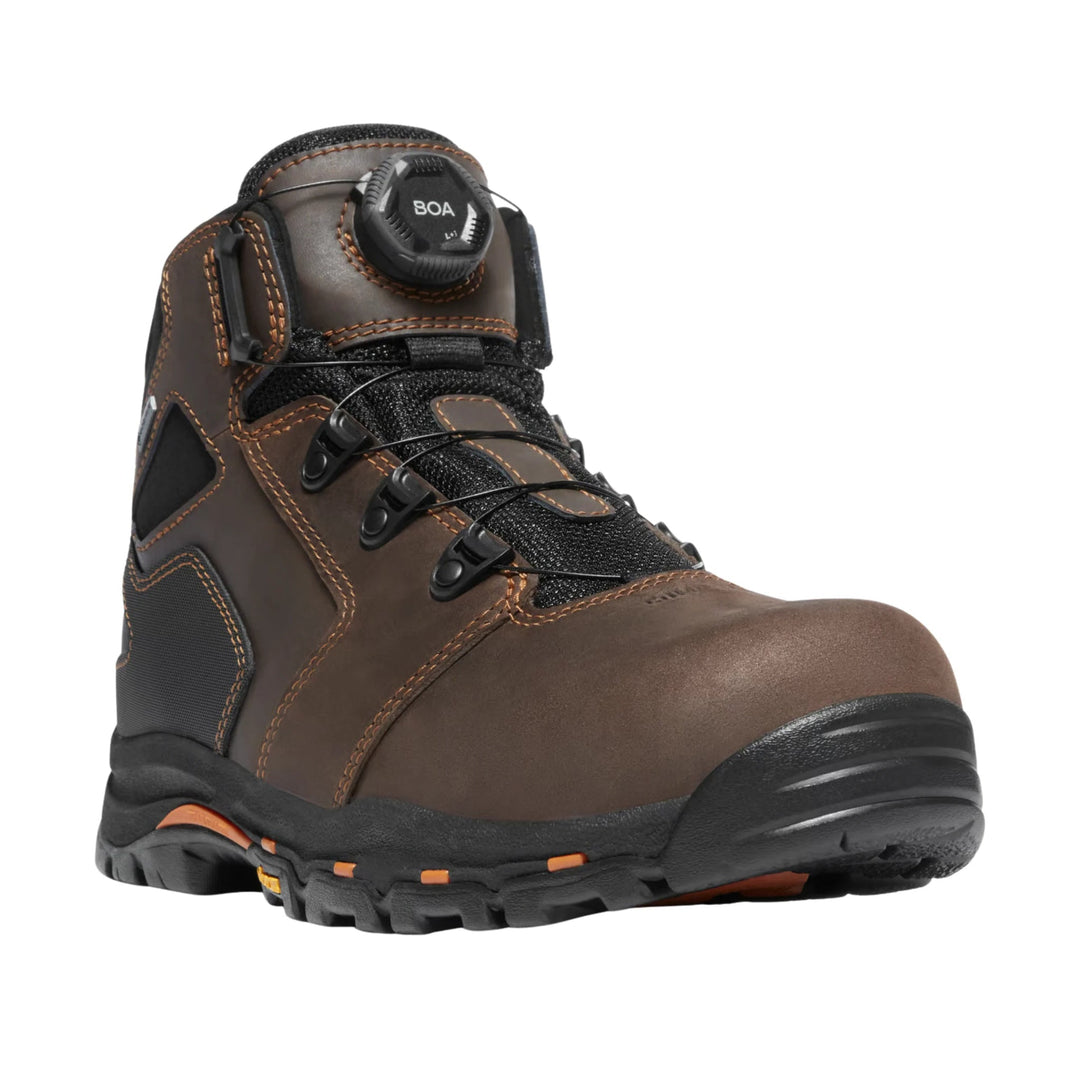 Brown and black work boot with BOA dial closure and rugged tread sole