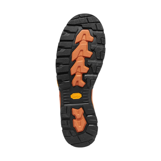 Boot outsole with black tread and orange traction inserts