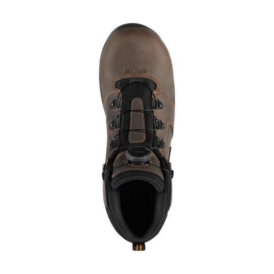 Brown and black work boot viewed from above with BOA dial closure and black laces
