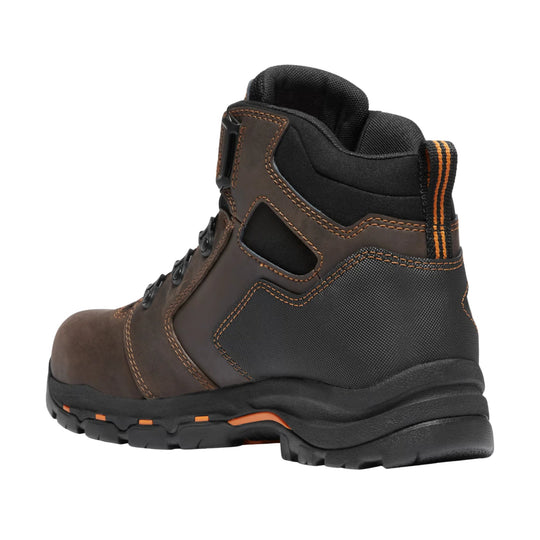 Brown and black lace-up work boot with a rugged sole and orange pull tab