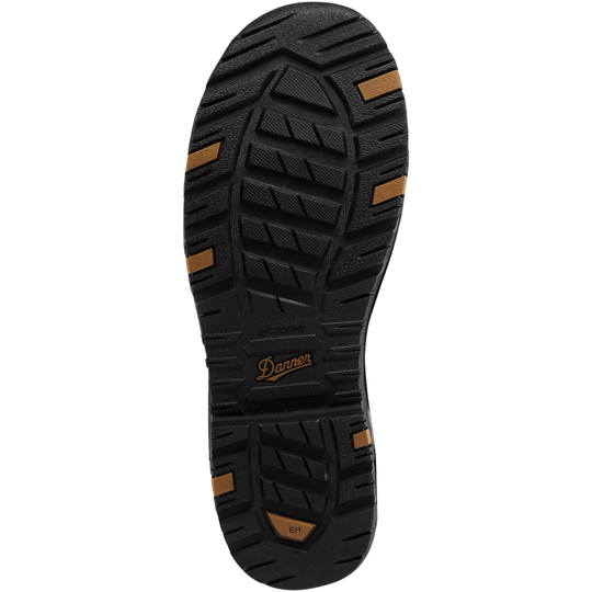 Black boot outsole with deep tread and tan traction inserts, plus visible Danner and EH markings