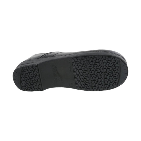 Black clog shown from the sole, with textured tread and molded outsole details.