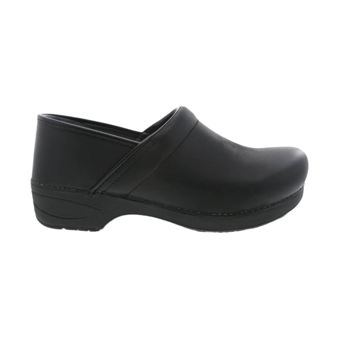 Black slip-on clog with a smooth closed toe and thick molded sole