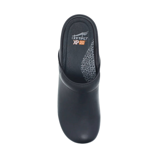 Black clog with cushioned footbed and patterned insole