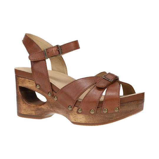 Brown leather wedge sandal with ankle strap, buckle closures, and wooden heel