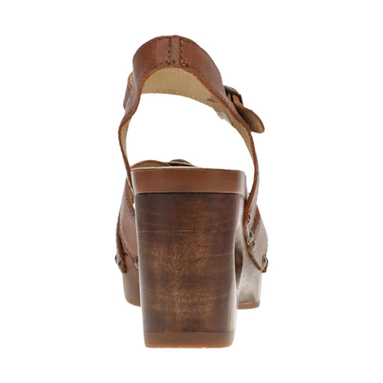 Brown leather wedge sandal viewed from the back with an ankle strap and wood-look heel