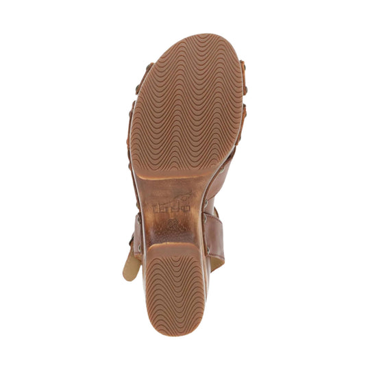 Tan wedge sandal outsole with wavy tread pattern and visible heel branding