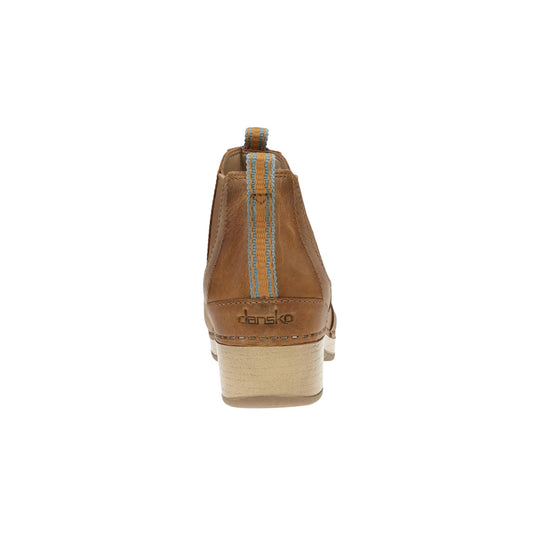 Brown leather ankle boot with blue-and-tan woven pull tab and wood-look block heel, back view