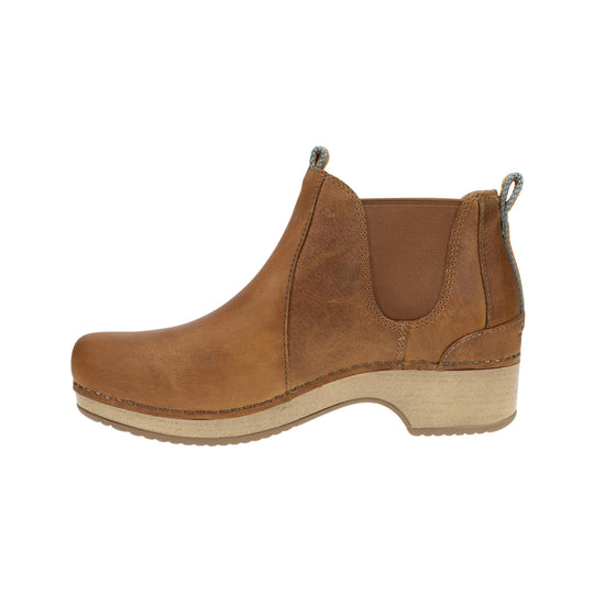 Tan leather Chelsea ankle boot with elastic side panels and a low stacked heel