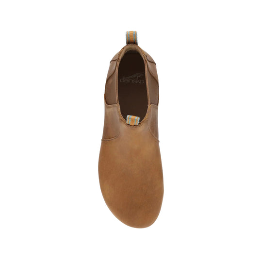 Tan pull-on boot with elastic side panels and striped heel loop, top view