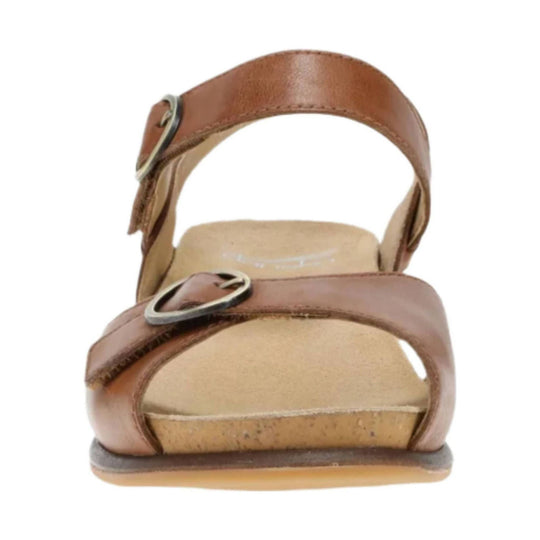 Brown leather sandal with two buckle straps and an open toe, front view