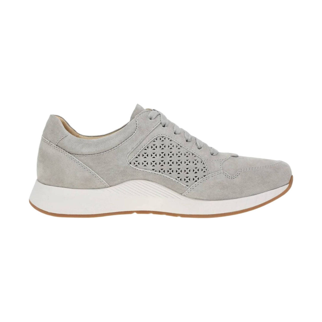 Light gray suede lace-up sneaker with perforated side panel and white platform sole