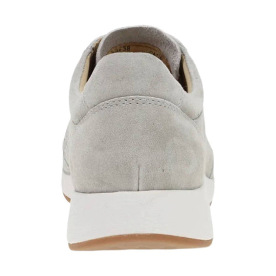 Light gray suede sneaker shown from the back with a white midsole and tan outsole.