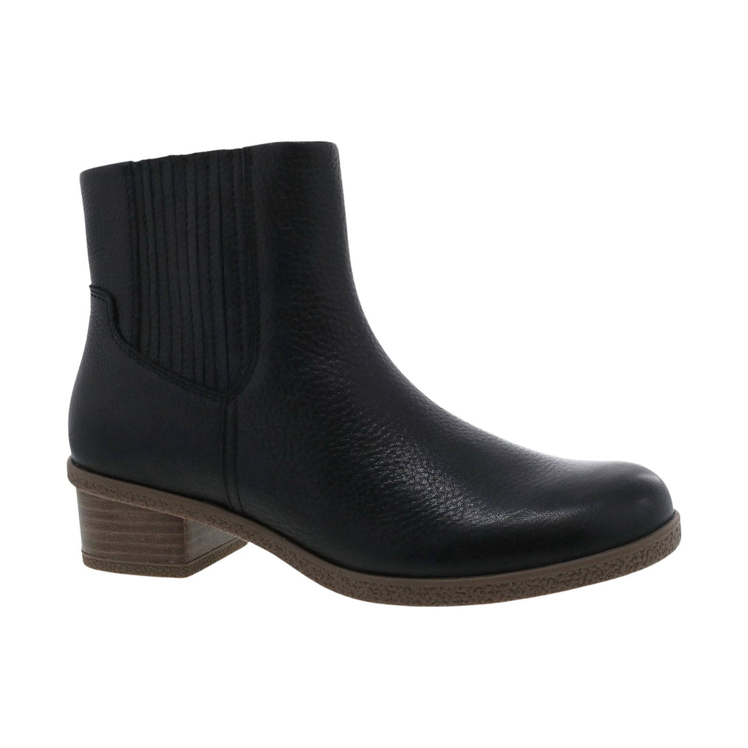 Black ankle boot with side elastic panels and a low brown stacked heel