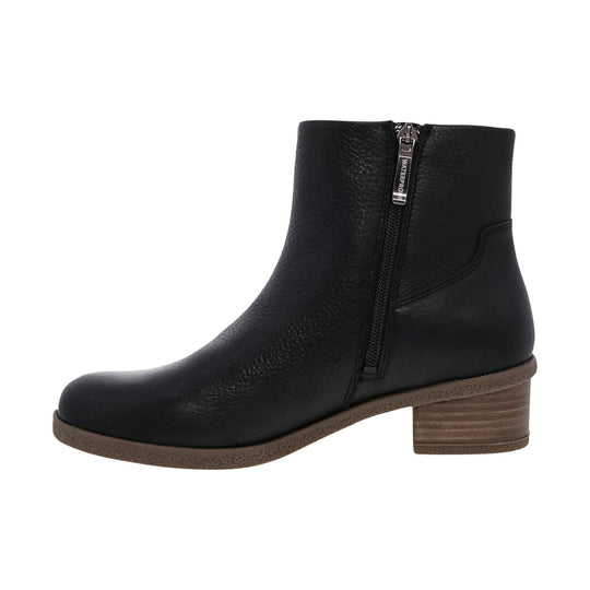 Black ankle boot with side zipper, brown block heel, and visible WATERPROOF zipper pull.