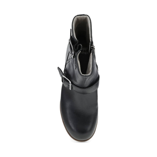 Black ankle boot with side buckles and a front zipper, shown from above