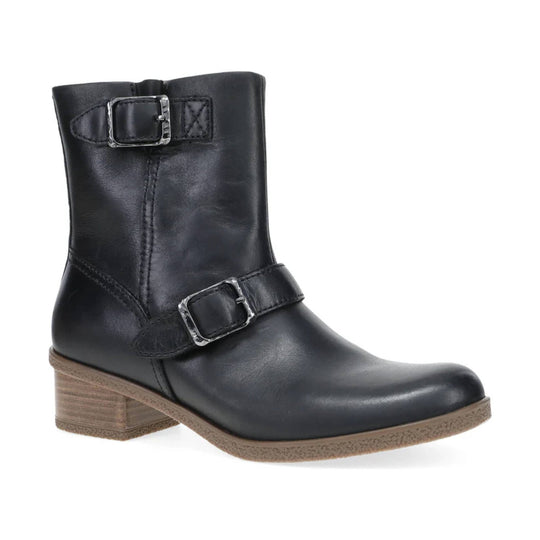 Black leather ankle boot with two buckle straps and stacked heel