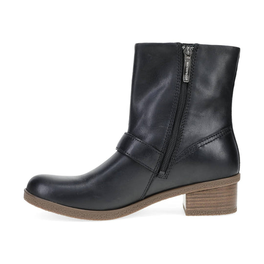 Black ankle boot with side zipper, rounded toe, and brown stacked heel