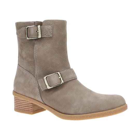 Taupe ankle boot with two buckle straps, low stacked heel, and rounded toe