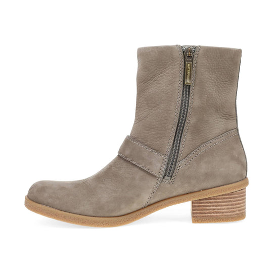 Taupe ankle boot with side zipper, low stacked heel, and round toe