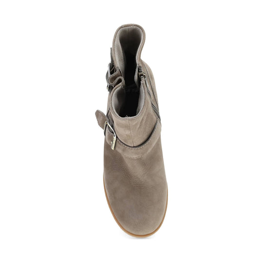 Taupe suede ankle boot with side zippers and a gum sole, shown from above