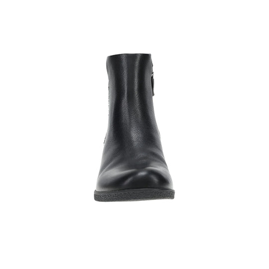 Black leather ankle boot with side zipper, front view