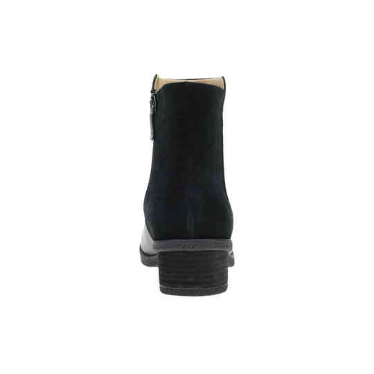 Black ankle boot with a block heel and side zipper, shown from the back