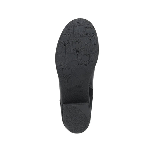 Black boot sole with embossed floral tread pattern and heel patch