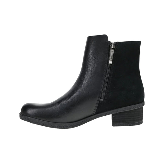 Black ankle boot with a rounded toe, side zipper, and low block heel