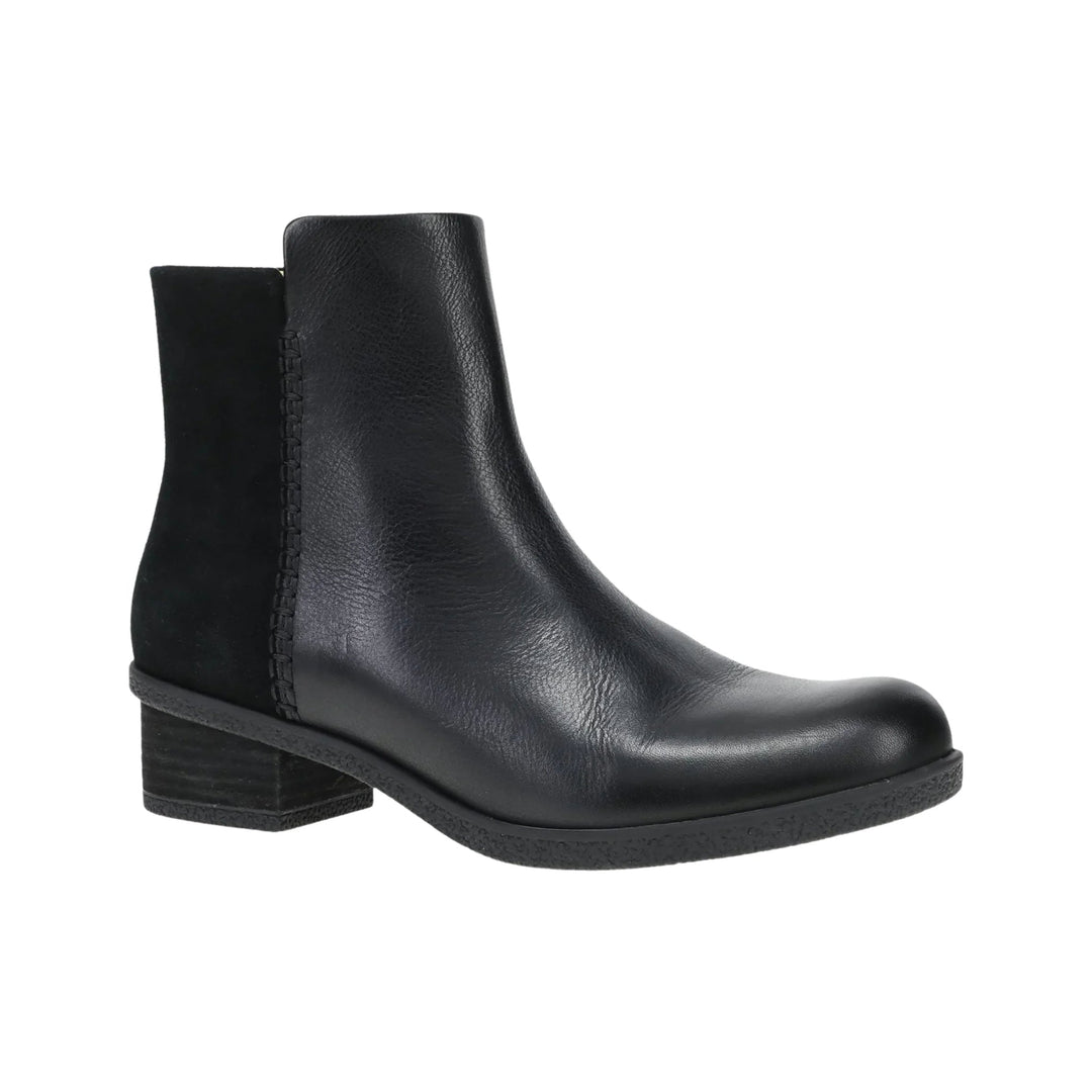 Black leather ankle boot with a rounded toe, block heel, and side seam stitching