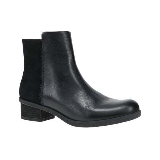 Black leather ankle boot with a rounded toe, block heel, and side seam stitching