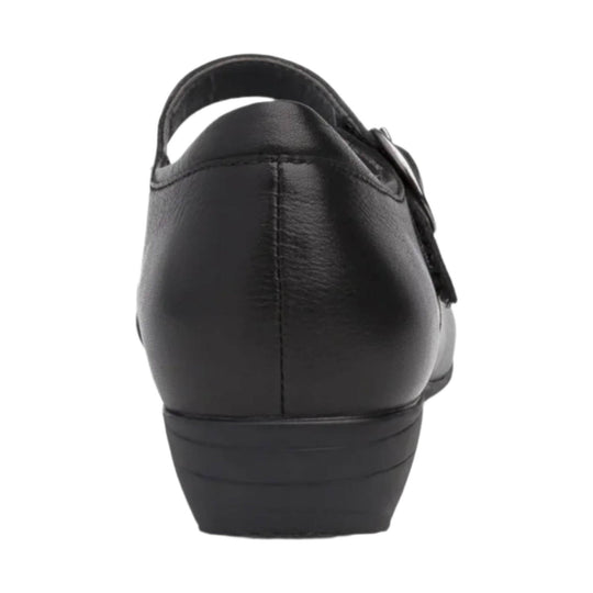Black leather slingback shoe viewed from the rear