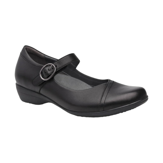 Black closed-toe Mary Jane shoe with a strap and buckle, low wedge heel, and rounded toe