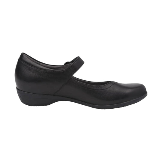 Black leather Mary Jane flat with a rounded toe and wedge heel, side view
