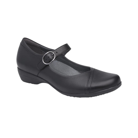 Black closed-toe Mary Jane wedge shoe with ankle strap and round buckle