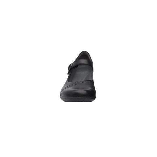 Black Mary Jane-style shoe with rounded toe and wide strap, shown front view on a white background