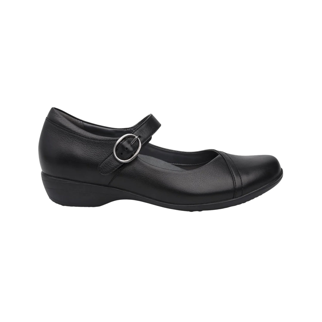Black leather Mary Jane shoe with a strap and silver buckle, side view