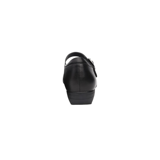 Black leather wedge shoe shown from the back