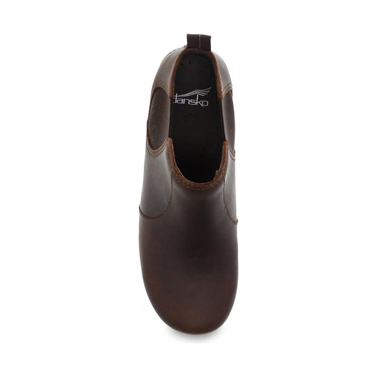 Brown leather slip-on boot with side elastic panels and a black insole