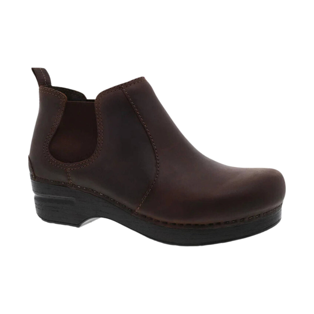 Brown leather Chelsea boot with side elastic gusset and black wedge sole