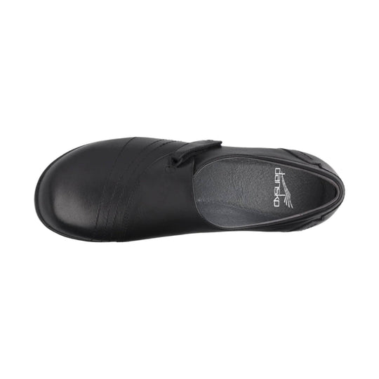 Black closed-toe clog with a smooth leather upper and Dansko logo on the insole