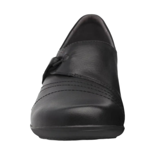 Black leather slip-on loafer with a rounded toe and stitched front band, shown from the front